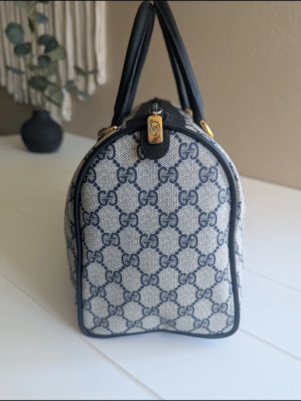 vintage 1980s Gucci Accessory Collection Navy GG Supreme Boston Bag.